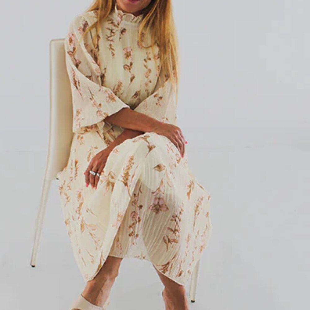 TEA LENGTH PINK FLORAL LOOSE FIT PLEATED DRESS